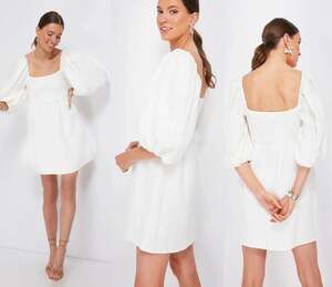 Tuckernuck White Ivory Smocked Linen Mini Dress XS Square Neck Cottagecore